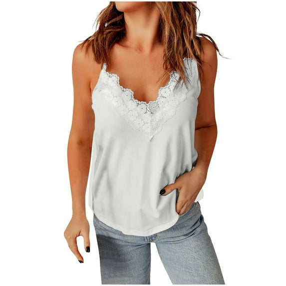 ZyeKqe Tank Tops for Women Adjustable Spaghetti Strap Camisole Top Lace Trim V Neck Sleeveless Basic Shirts