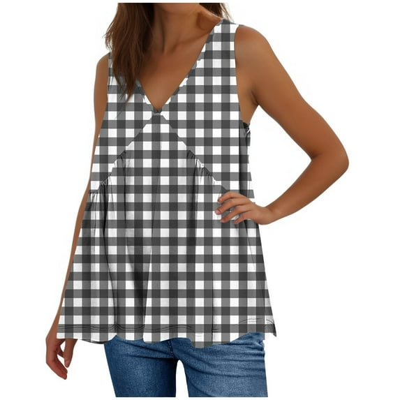 ZyeKqe Tank Tops for Women Casual Sleeveless Shirts V Neck Pleated Top Plaid Babydoll Tunic Top