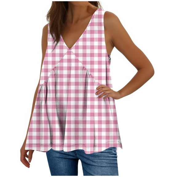 ZyeKqe Tank Tops for Women Casual Sleeveless Shirts V Neck Pleated Top Plaid Babydoll Tunic Top