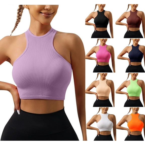ZyeKqe Tank Tops for Women Racerback Sleeveless Cropped Athletic Shirts Ribbed Knit Crewneck Slim Fitted Yoga Top