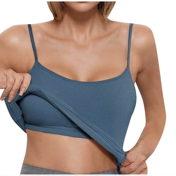 ZyeKqe Tank Tops for Women Ribbed Knit Built in Bra Spaghetti Strap Slim Fitted Sleeveless Basic Tees Gym Yoga Camisole Tops