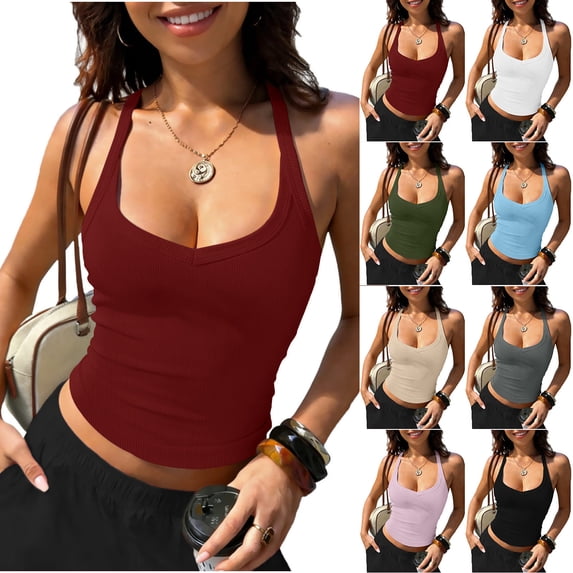 ZyeKqe Tank Tops for Women Ribbed Knit Sleeveless Slim Fitted Casual Backless Solid Color Basic Going out Tops