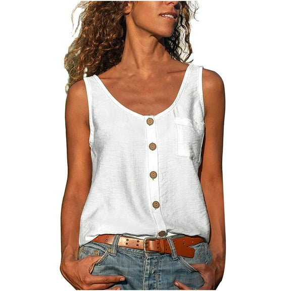 ZyeKqe Tank Tops for Women Scoop Neck Sleeveless T Shirts Button down Loose Blouses with Pocket