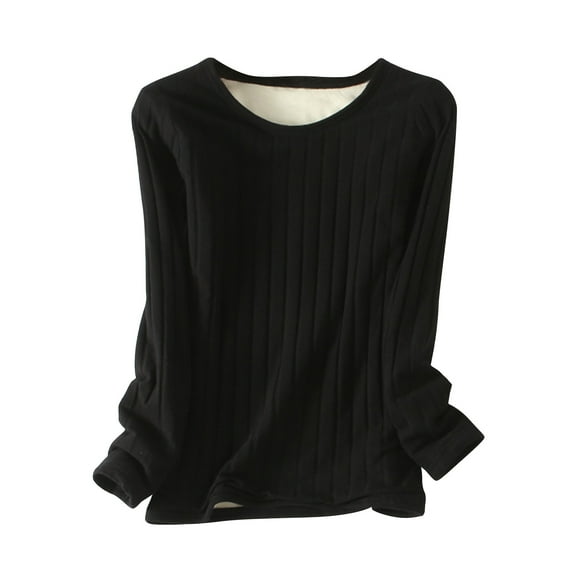 ZyeKqe Thermal Underwear for Women Fleece Lined Tops Solid Color Crew Neck Undershirts for Cold Weather