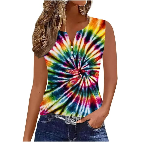 ZyeKqe Tie-Dye Tank Tops for Women Button up V Neck Dressy Casual Blouses Summer Basic Sleeveless Shirts