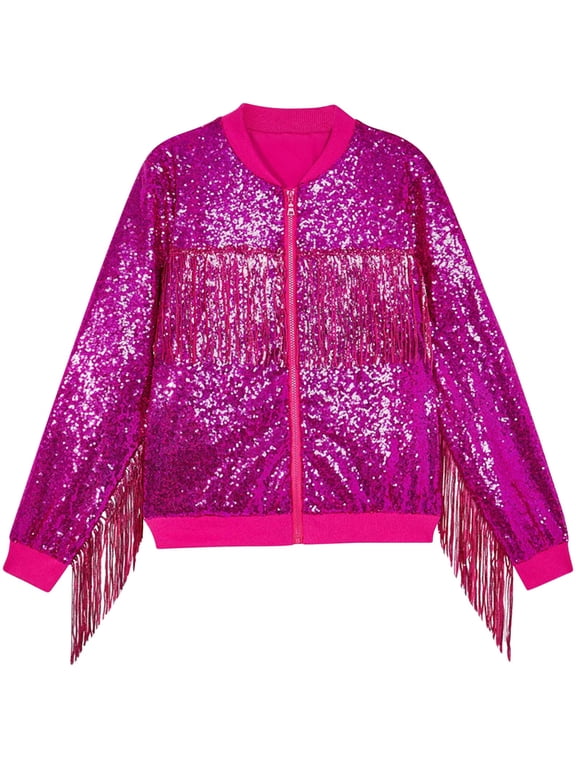 Toddler Baby Boys Girls Sequin Jackets Full Zip up Long Sleeved Casual Jacket Sparkly Glitter Fringe Outwear
