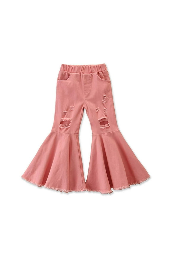 Toddler Baby Clothes Little Girls Flare Jeans Ripped Wide Leg Ruffle Hem Denim Pants High Waisted Bell Bottom Cute Trousers
