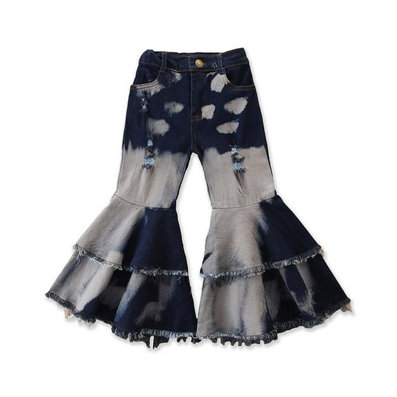 ZyeKqe Toddler Baby Clothes Little Girls Flare Jeans Ripped Wide Leg Ruffle Hem Denim Pants High Waisted Bell Bottom Cute Trousers