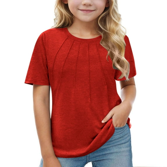 ZyeKqe Toddler Clothes Girls Pleated T Shirts Summer Short Sleeve Tops Solid Color Loose Fitted Tees