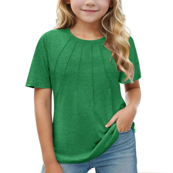 ZyeKqe Toddler Clothes Girls Pleated T Shirts Summer Short Sleeve Tops Solid Color Loose Fitted Tees