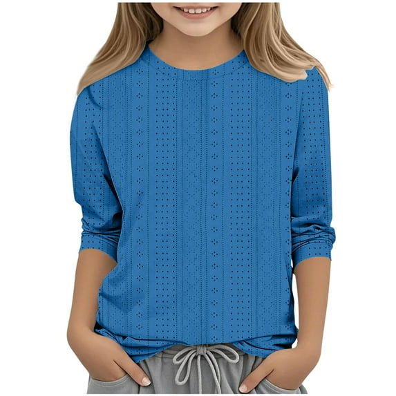 ZyeKqe Toddler Girls Summer Tops Kids Eyelet 3/4 Length Sleeve Shirts Casual Crew Neck Solid Color Tees Blouses