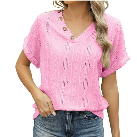 ZyeKqe Tops for Women Dressy Casual Eyelet Short Sleeve Shirts Casual V Neck T Shirts Solid Color Summer Top