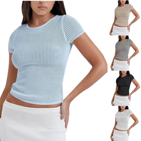 ZyeKqe Going out Tops for Women Crochet Short Sleeve Shirts Crewneck Slim Fitted Stretchy Slim Fitted Basic Tees