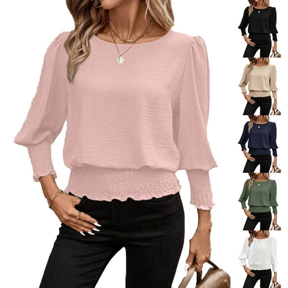 ZyeKqe Tops for Women Long Sleeve Casual Summer Elastic Cinch Waist Smocked Elegant Dressy Casual Blouse