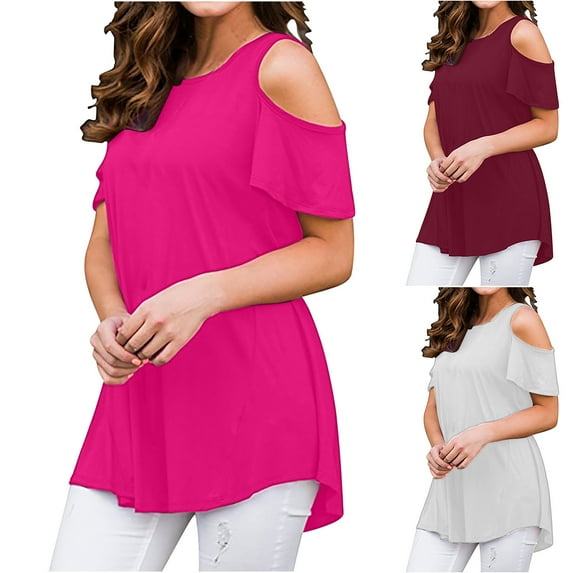 ZyeKqe Tops for Women Short Sleeve Cold Shoulder T-Shirts Crew Neck Dressy Casual Pleated Tunic Tops