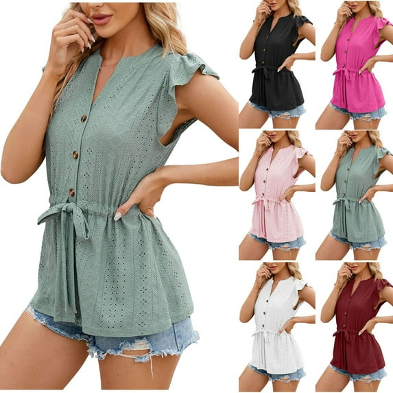 ZyeKqe Tops for Women Trendy Ruffle Short Sleeve Shirts Button down Crochet T Shirts Drawstring Blouses
