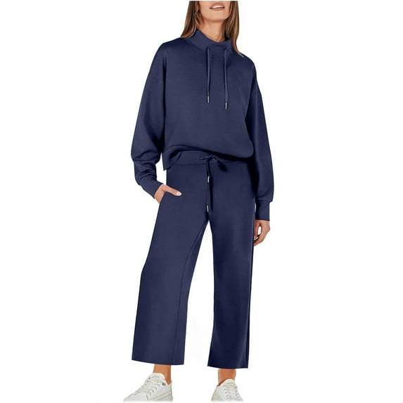 ZyeKqe Tracksuits for Women 2 Piece Set High Neck Long Sleeve Sweatshirts Wide Leg Sweatpants Matching Lounge Sets