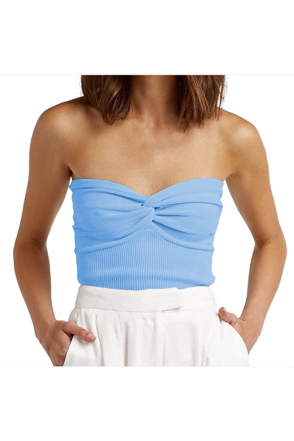Strapless Tops for Women Casual Summer Sweater Knot Front Knit Tube Tops Sleeveless Cute Crop Tops