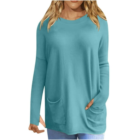 ZyeKqe Tunic or Tops to Wear with Leggings Crewneck Long Sleeve Shirts Blouse Solid Color T Shirts Tees with Pockets