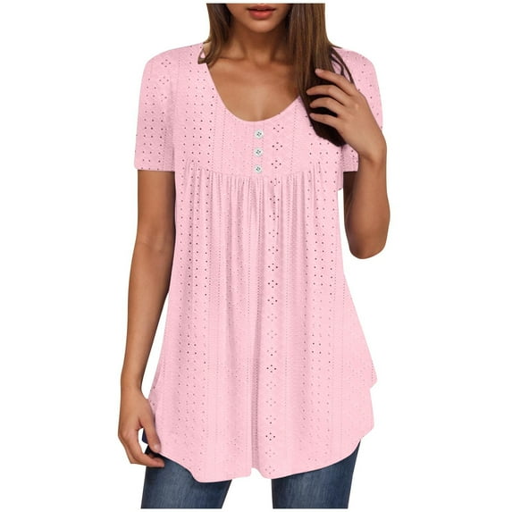 ZyeKqe Tunic or Tops to Wear with Leggings for Women Eyelet Short Sleeve Shirts Crewneck Dressy Casual Blouses