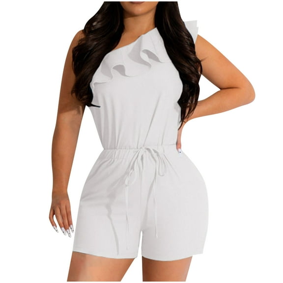 ZyeKqe Two Piece Outfits for Women Dressy Casual Summer Sleeveless 1 Shoulder Top Drawstring Shorts Sets