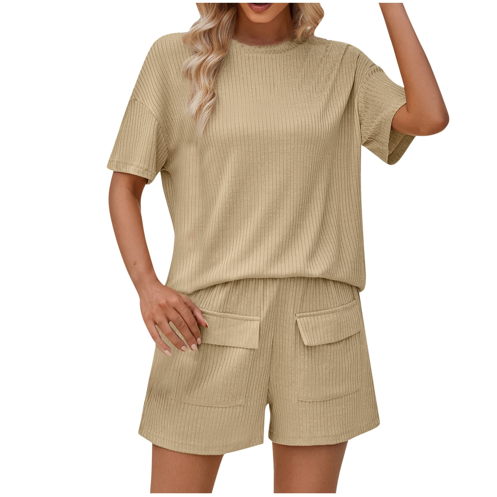Women's Two Piece Ribbed Lounge Set Short Sleeve Notch Neck Top and Shorts Set with Pockets
