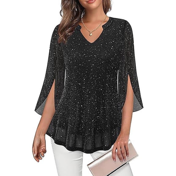 ZyeKqe Blouses for Women Dressy Casual 3/4 Ruffle Sleeve Sparkly Tunic Tops V Neck Sequin Party Evening Fall Shirts