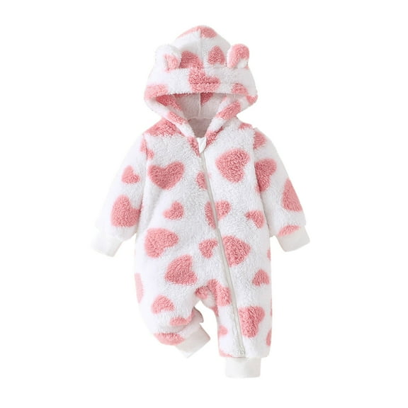ZyeKqe Unisex Baby Boy Girl Clothes Fuzzy Fleece Romper Zipper Hooded Jumpsuit Heart Print Snowsuits 1 Piece Outfit