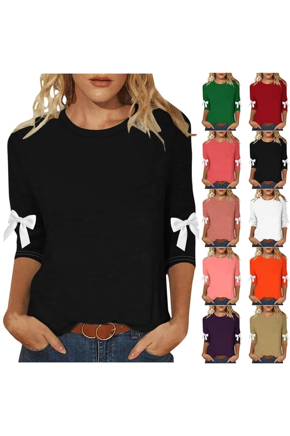 Plus Size Tops for Women Long Sleeve Bowknot Crew Neck Casual Shirts Loose Casual Fashion Tunic Tees