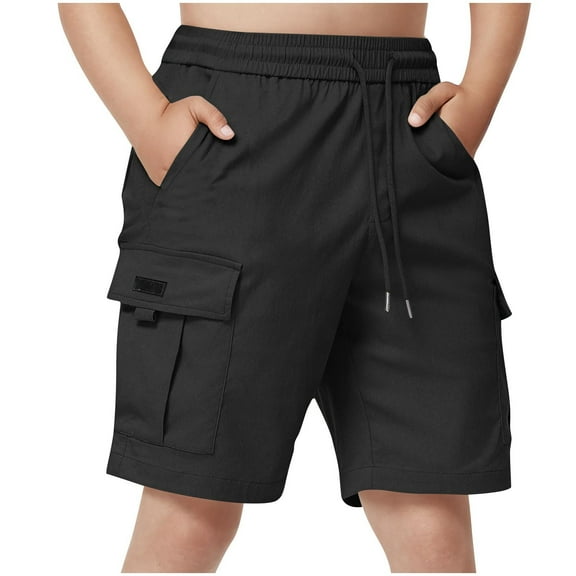 ZyeKqe Boys Cargo Shorts Drawstring Elastic Waisted Short Pants Solid Color Hiking Shorts with Pockets
