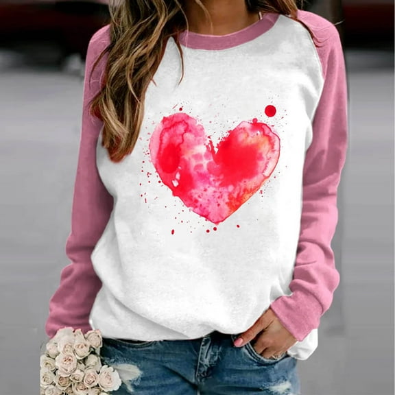 ZyeKqe Valentines Sweatshirt for Women Crewneck Color Block Pullover Tops Cute Heart Graphic Long Sleeve Shirts