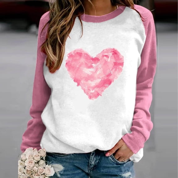 ZyeKqe Valentines Sweatshirt for Women Crewneck Color Block Pullover Tops Cute Heart Graphic Long Sleeve Shirts