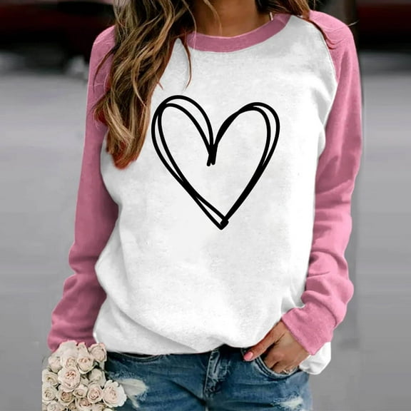 ZyeKqe Valentines Sweatshirt for Women Crewneck Color Block Pullover Tops Cute Heart Graphic Long Sleeve Shirts