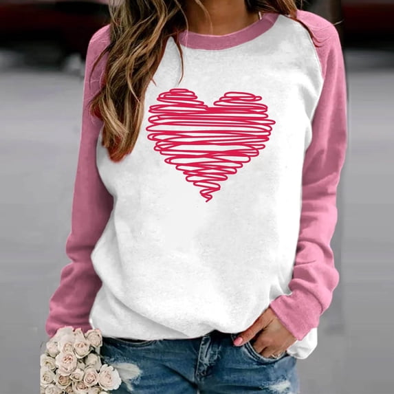 ZyeKqe Valentines Sweatshirt for Women Crewneck Color Block Pullover Tops Cute Heart Graphic Long Sleeve Shirts