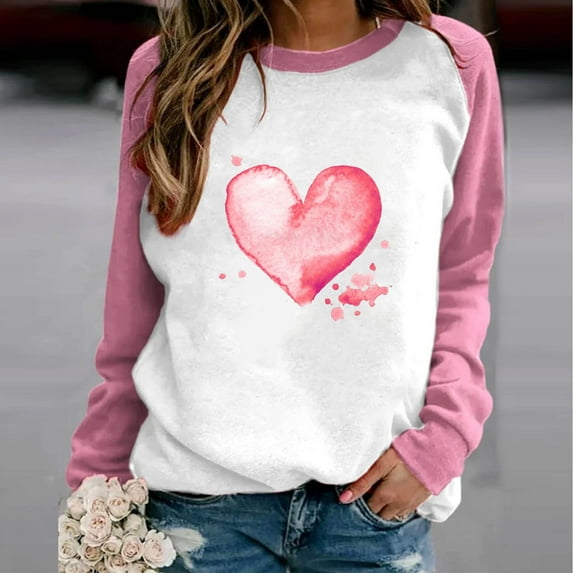 ZyeKqe Valentines Sweatshirt for Women Crewneck Color Block Pullover Tops Cute Heart Graphic Long Sleeve Shirts