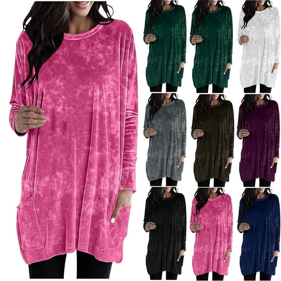 ZyeKqe Velvet Tops for Women Long Sleeve Dressy Casual Long Tunic Shirts Fall Winter Solid Blouses with Pockets