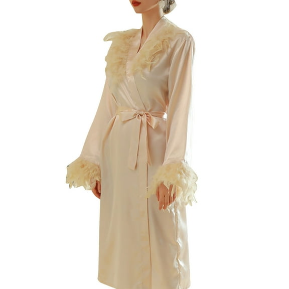 ZyeKqe Wedding Robe for Women Fuzzy Trim Long Sleeve Bath Robe V Neck Full Length Lightweight Sleepwear