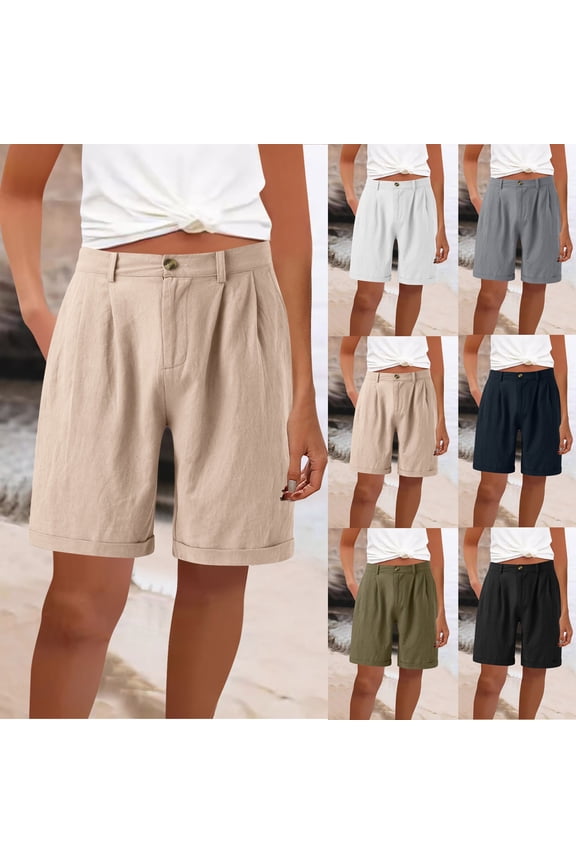 Wide Leg Cotton Linen Shorts for Women Pull on High Waisted Casual Shorts Summer Beach Shorts
