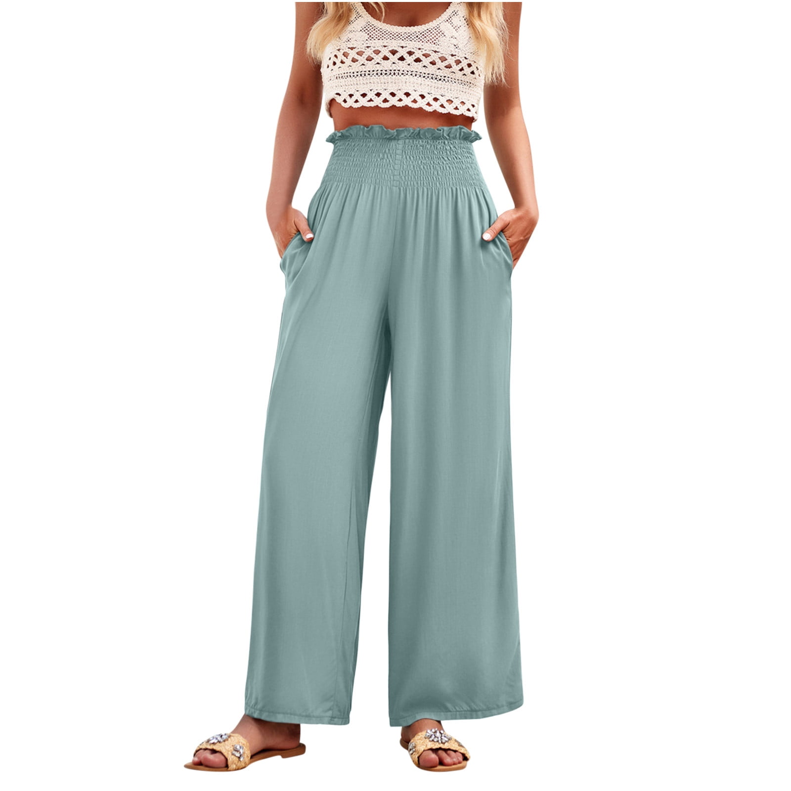 ZyeKqe Wide Leg Pants Woman Smocked High Waisted Lounge Pants Summer Boho Casual Beach Trousers