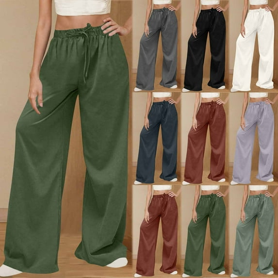 ZyeKqe Wide Leg Pants for Women Drawstring High Waisted Casual Loose Fitted Pants Solid Color Pajamas Pants