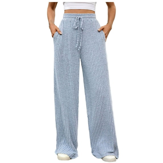 ZyeKqe Wide Leg Pants for Women Ribbed Knit Drawstring Casual Comfy Loose Fitted Soft Pajama Pants with Pockets