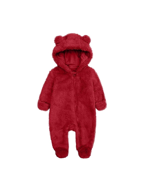 Winter Baby Clothes Warm Fleece Thick Onesie Ear Hooded Jumpsuits Newborn Boys Girls Romper Kids Coats Jackets(9-12 Months,Red)