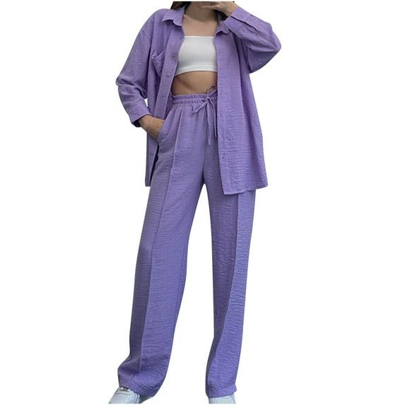 ZyeKqe Women 2 Piece Outfit Long Sleeve Lapel Button down Shirts and Drawstring Wide Leg Pants Casual Sets