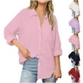 thumbnail image 1 of ZyeKqe Women Blouses Cotton Linen Long Sleeve Shirts Button down V Neck Lapel Solid Business Office Work Tops, 1 of 10