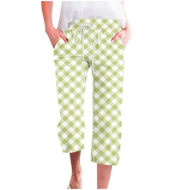 ZyeKqe Women Capri Pants Summer Lounge Pants Drawstring Plaid Pjs Bottoms Capris Straight Wide Leg Cropped Trousers