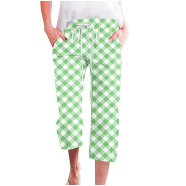 ZyeKqe Women Capri Pants Summer Lounge Pants Drawstring Plaid Pjs Bottoms Capris Straight Wide Leg Cropped Trousers