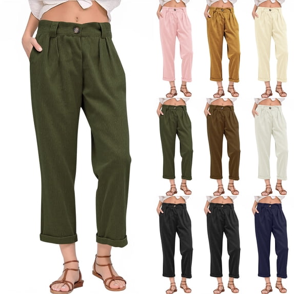 ZyeKqe Women Corduroy Pants High Waisted Straight Leg Baggy Solid Color Business Casual Trousers with Pockets