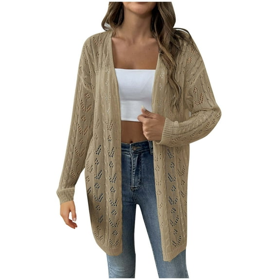 ZyeKqe Women Crochet Cardigan Lightweight Cover up Open Front Oversized Long Sleeve Fall Cardigans Size