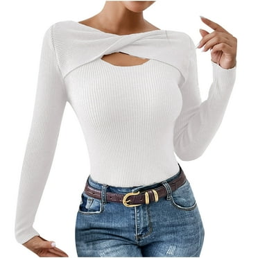 ZyeKqe Women Crop Top Long Sleeve Cut out Ribbed Knit Going out Tops Stretchy Slim Tight Tees T Shirts