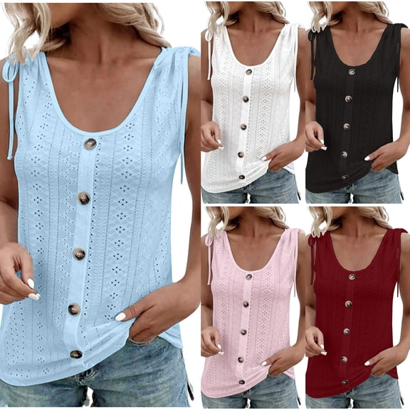ZyeKqe Women Eyelet Tank Tops Plus Size Sleeveless Scoop Neck Button Front Lace up Shoulder Summer Shirt
